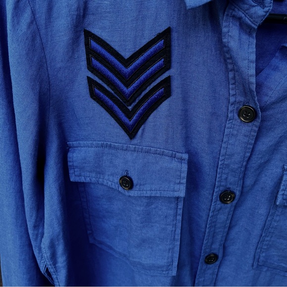 Rails Banks Military Patch Raw Edge Linen Blend Button Down Indigo Shirt Sz XS - Picture 7 of 16